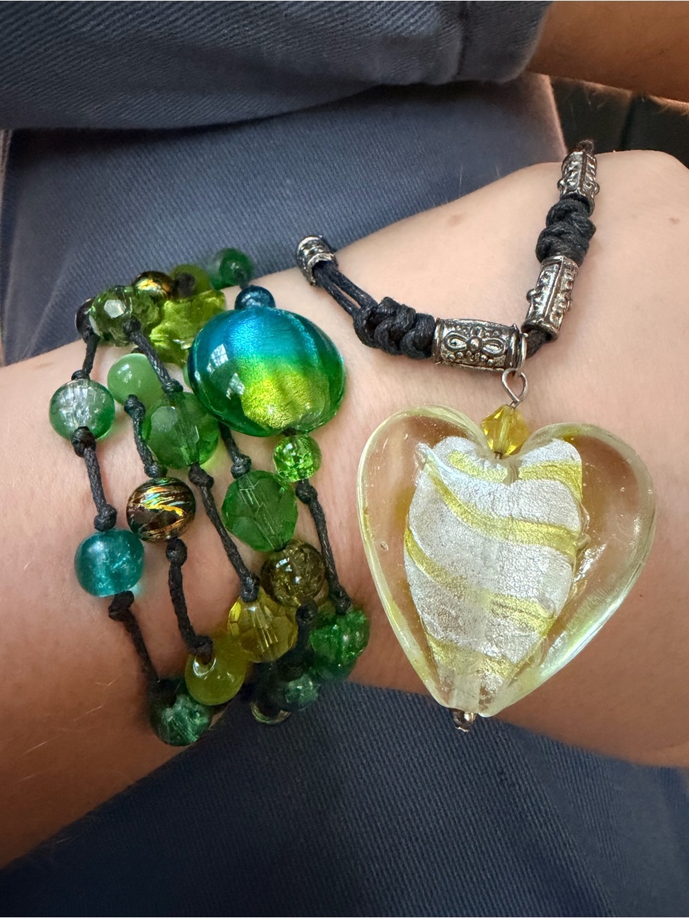Artisan Murano Style Green Glass Heart Necklace & Multi-Strand Bracelet Set